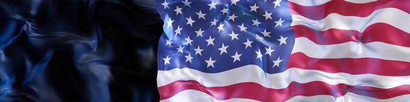 Realistic depiction of the American flag rippling in the wind, set against a dark background, creating a powerful and reflective mood ideal for patriotic holidays, events. Banner with copy space. 3D. photo