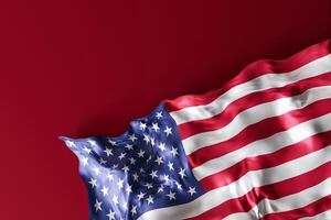 Realistic depiction of the American flag rippling in the wind, set against a dark red background, creating a powerful and reflective mood ideal for patriotic holidays, events. Copy space. 3D render. photo
