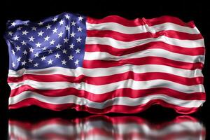 Majestic and vibrant depiction of the American flag, rippling with glossy reflection on a dark surface, ideal for patriotic themes, national holidays, and celebrations of American heritage. 3D render. photo