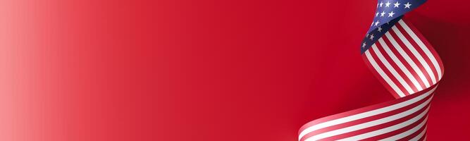 Artistic rendering of the American flag, elegantly styled as a ribbon against a red background, perfect for national holidays, patriotic events, or advertising campaigns. Copy space. 3D render. photo