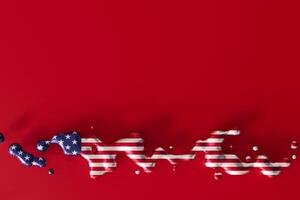 Stunning visual of American flag transformed into fluid, dynamic shape on deep red backdrop. Ideal for creative representations of US themes in ads, presentations, and editorial use. Copy space. 3D. photo