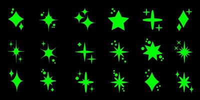 Brutal modern figure elements. Green glitter set, sparkling stars, glittering fireworks bursts. Star elements set of different shapes. vector
