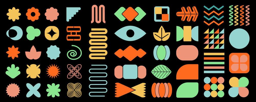 Abstract geometric shapes and icons. Brutal modern contemporary figure arch cloud vawe star oval spiral flower circle and other primitive elements. Swiss design aesthetic. Bauhaus memphis design.