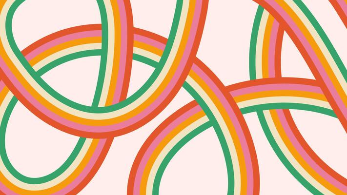 Retro abstract pattern with rainbow colors stripes and loops. Colorful groovy cartoon background
