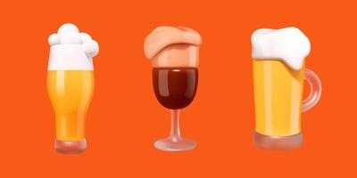 Set of 3D glasses of beer with foam vector