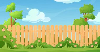 Cartoon wooden fence in a lush garden with trees vector
