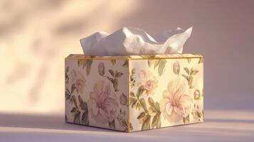 Elegant tissue box with floral design sitting on a soft surface, illuminated by natural light during the evening photo