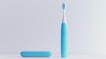 A blue electric toothbrush and its protective case on a clean white background in a modern bathroom setting photo
