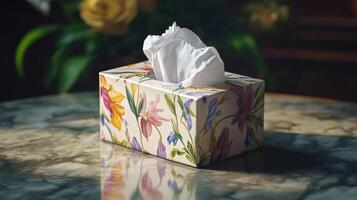 Decorative tissue box with floral design placed on a marble table in a cozy indoor setting during daylight photo