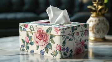 Decorative tissue box on a marble table in a cozy living room with soft lighting photo