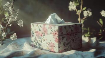 Decorative tissue box on a textured cloth surrounded by delicate flowers in soft natural light photo