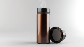 A steaming thermos and its lid positioned on a clean surface, showcasing a modern design and sleek finish photo