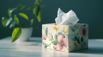 Floral tissue box on a table next to a potted plant in soft afternoon light photo