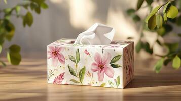 Decorative tissue box with floral design on a wooden table surrounded by greenery, captured in soft natural light photo