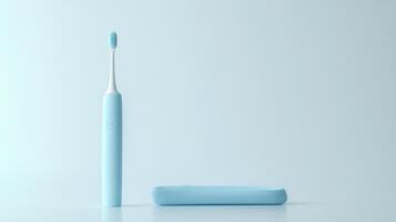 A soft blue electric toothbrush and its charging case on a clean surface in a minimalist setting photo