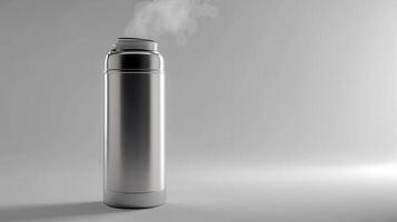 Stainless steel thermos releasing steam on a minimalist grey background photo