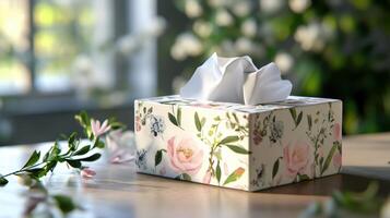 Tissue box with floral design placed on a wooden table surrounded by blooming flowers in natural light photo