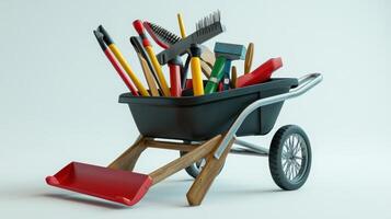 A wheelbarrow filled with various gardening tools, including shovels, rakes, and pruners, on a light background photo