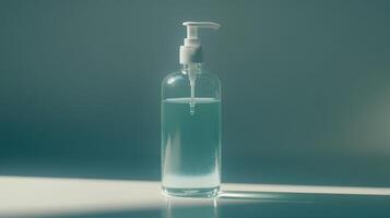 Clear fluid in a pump bottle sits on a counter illuminated by soft natural light during the afternoon photo