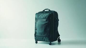 Black rolling suitcase on a light background with a minimalist design, suitable for travel or storage, highlighting compartments and durable construction photo