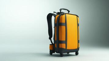 Bright yellow rolling suitcase with a retractable handle and wheels on a minimalist background photo