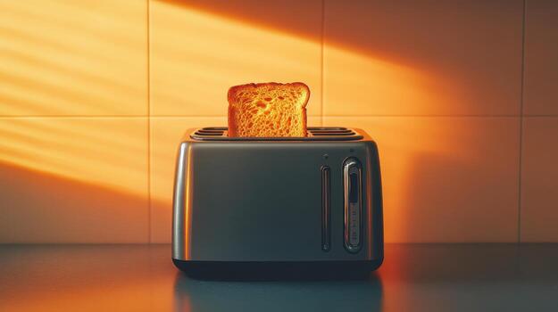 Golden slice of bread toasting in a kitchen during sunset, with warm light streaming through the window photo