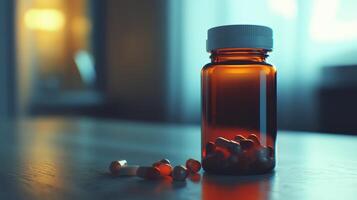 Amber pill bottle with capsules on a wooden table in a softly lit room during the evening photo