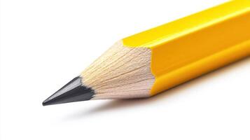 A close-up of a sharpened yellow pencil on a white background highlighting its fine point and wooden texture photo