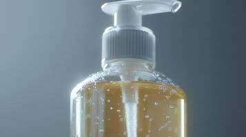 Transparent bottle with pump dispenser containing liquid soap illuminated by soft light against a grey background photo