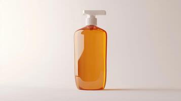 Clear plastic bottle with orange liquid on plain background photo