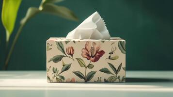 Floral tissue box placed on a table with a green backdrop, showcasing its decorative design and practical use for everyday needs photo