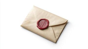 A sealed envelope with a red wax seal resting on a white background photo