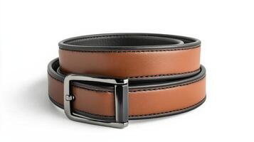Brown leather belt with a shiny metal buckle on a white background photo