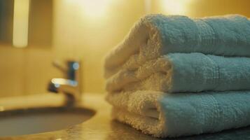 Soft white towels stacked neatly on a bathroom counter near a modern faucet in warm evening light photo