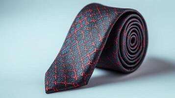 Elegant black and red patterned tie elegantly rolled on a light background photo
