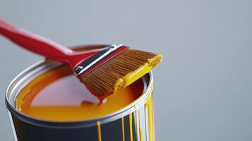 Bright yellow paint with a brush resting on the can, showcasing a cheerful home improvement project in progress photo
