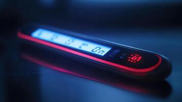 A futuristic digital measuring device illuminated by blue and red lights on a reflective surface at night photo
