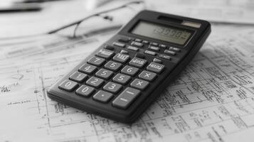 Calculator resting on architectural blueprints with glasses nearby in a well-lit workspace photo