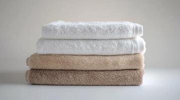 Soft stacked towels in neutral colors on a minimalist background photo