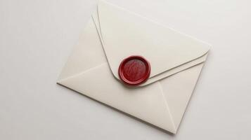 Sealed envelope with red wax seal on a clean white surface photo