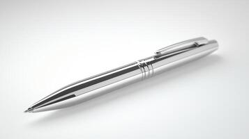 Silver ballpoint pen lying on a smooth surface in soft daylight photo