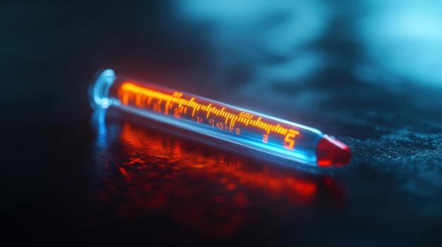 A glowing thermometer displaying high temperature against a dark background in a laboratory setting photo