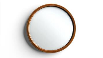 Simple round mirror with a wooden frame mounted on a white wall, showcasing minimalist design and modern decor photo