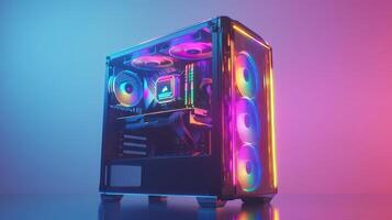 A vibrant gaming PC with RGB lighting in a modern workspace setup at dusk photo