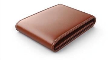 Brown leather wallet placed on a white surface, showcasing its sleek design and craftsmanship photo
