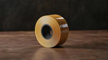 A roll of brown adhesive tape on a rustic wooden surface photo