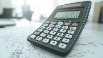 A calculator rests on architectural blueprints in a well-lit office during a work session on financial or project planning photo