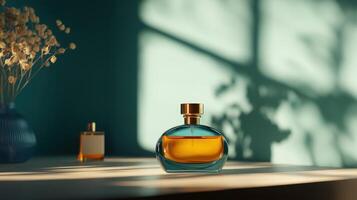 Elegant perfume bottles displayed on a minimalist shelf with soft natural light highlighting their shapes and colors photo