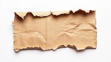 Crumpled brown paper sheet placed on a white background, showcasing its textured surface and worn edges photo