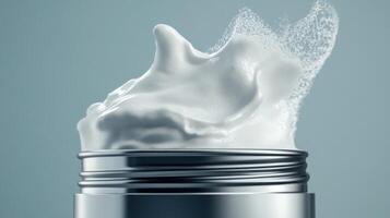 A close-up of creamy moisturizer swirling in a silver jar against a light background photo